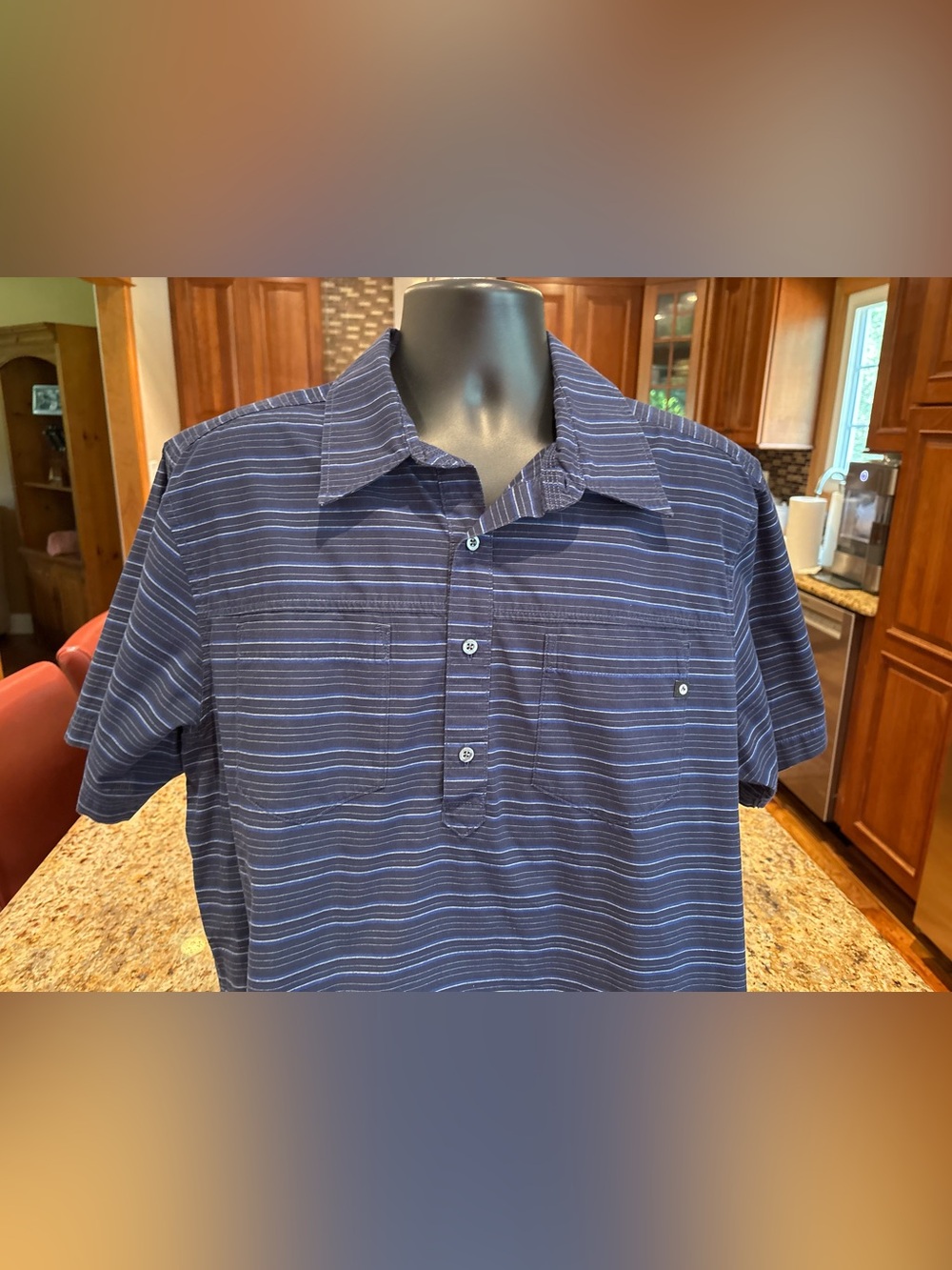 Marmot Navy Striped Button-Front Casual Shirt. Sharp navy blue w-stripes & logos